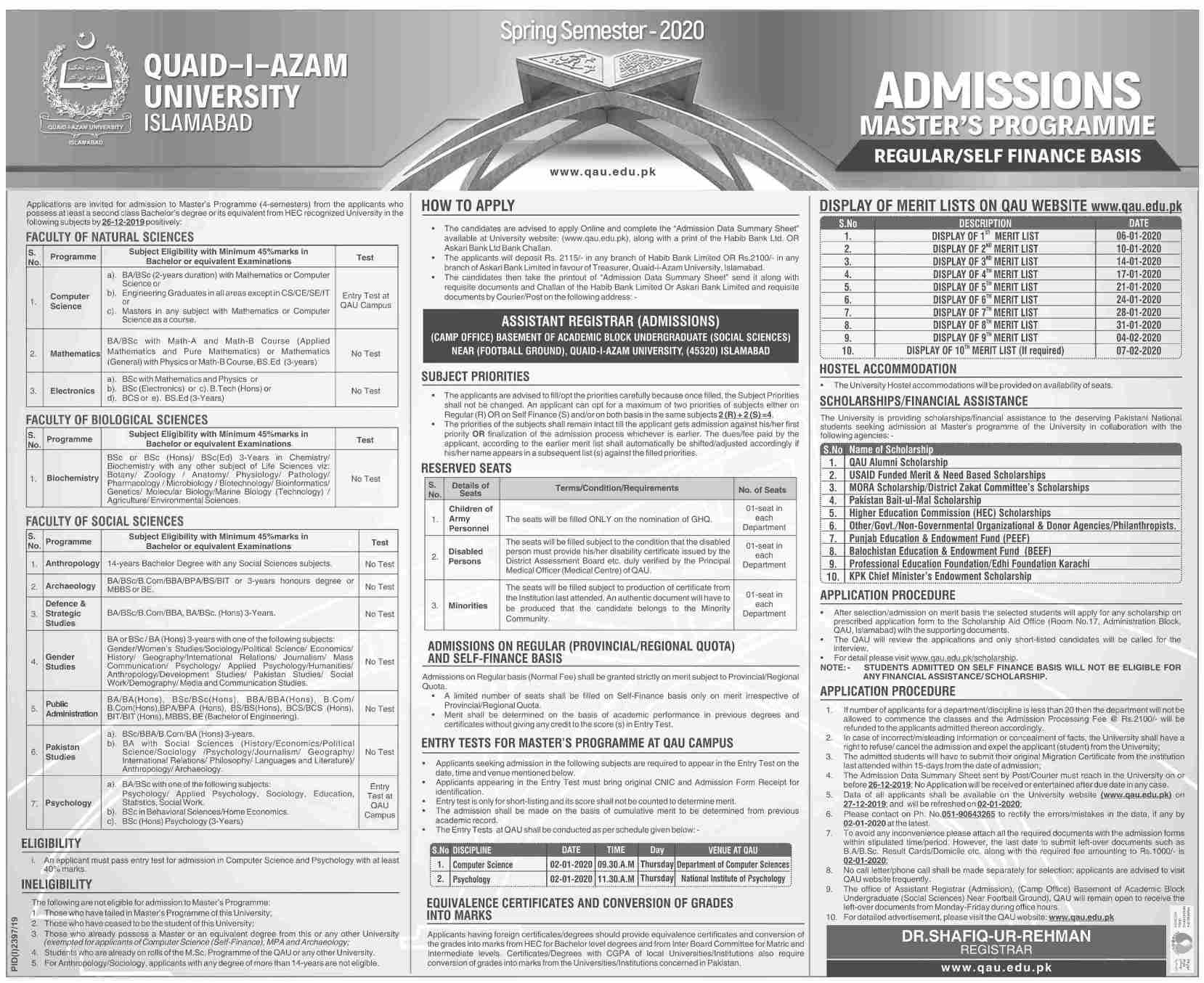 Quaid-i-Azam University QAU masters MA/MSc admission 2020
