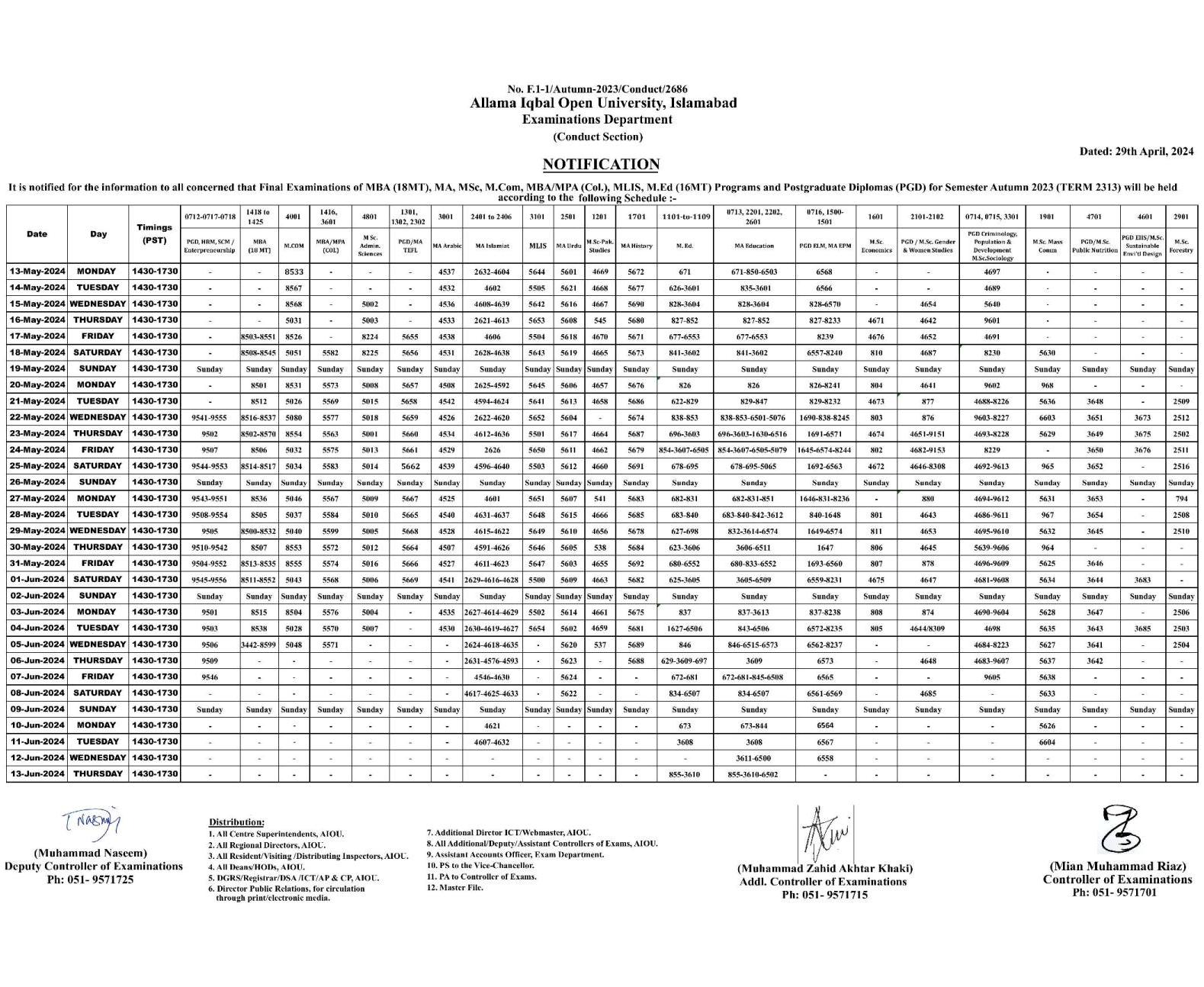 AIOU Announces MA MSc Date Sheet 2024