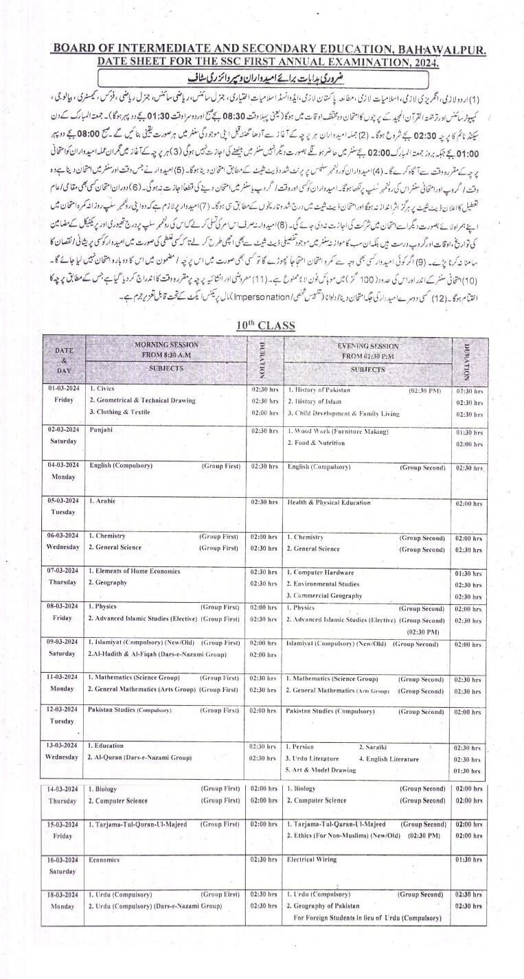 BISE Bahawalpur 10th Class Date sheet 2024