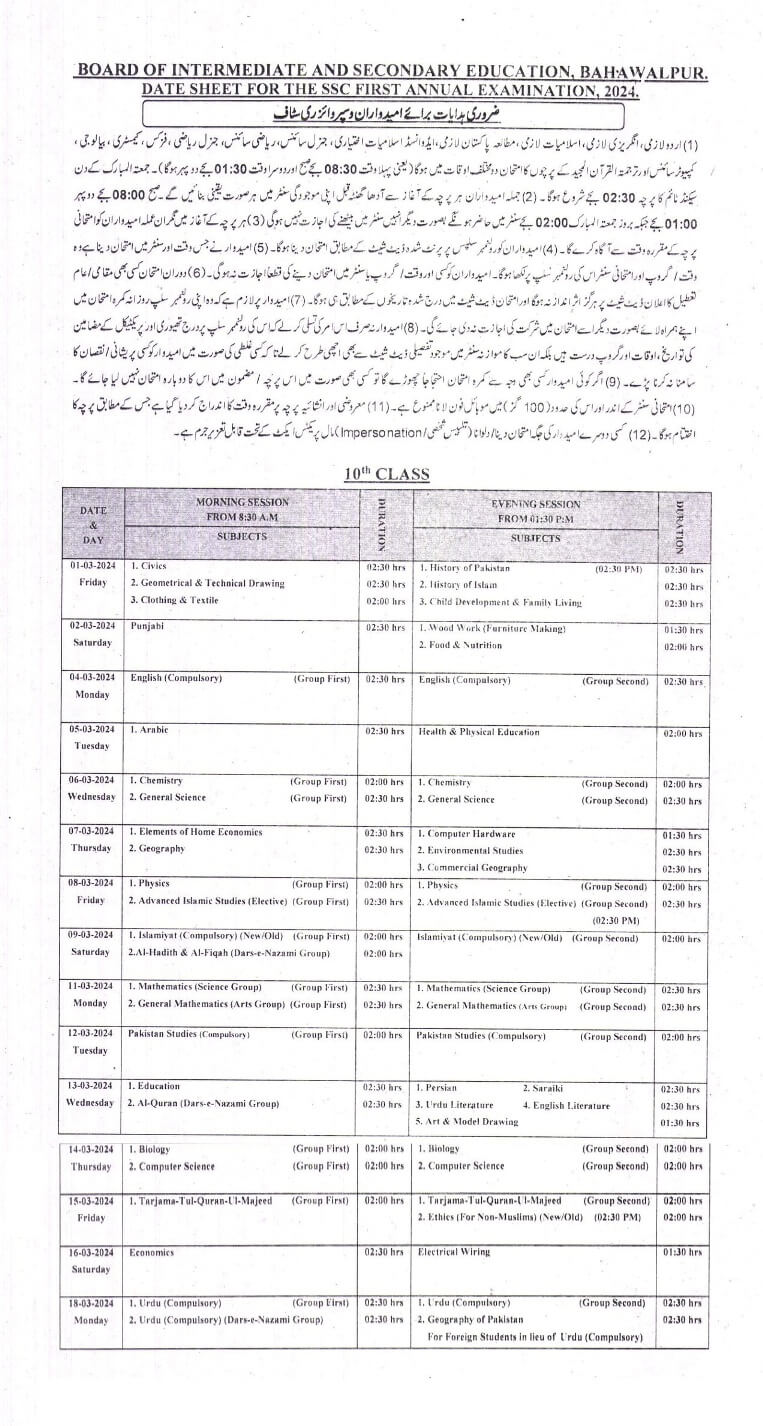 BISE Bahawalpur 10th Class Date sheet 2025