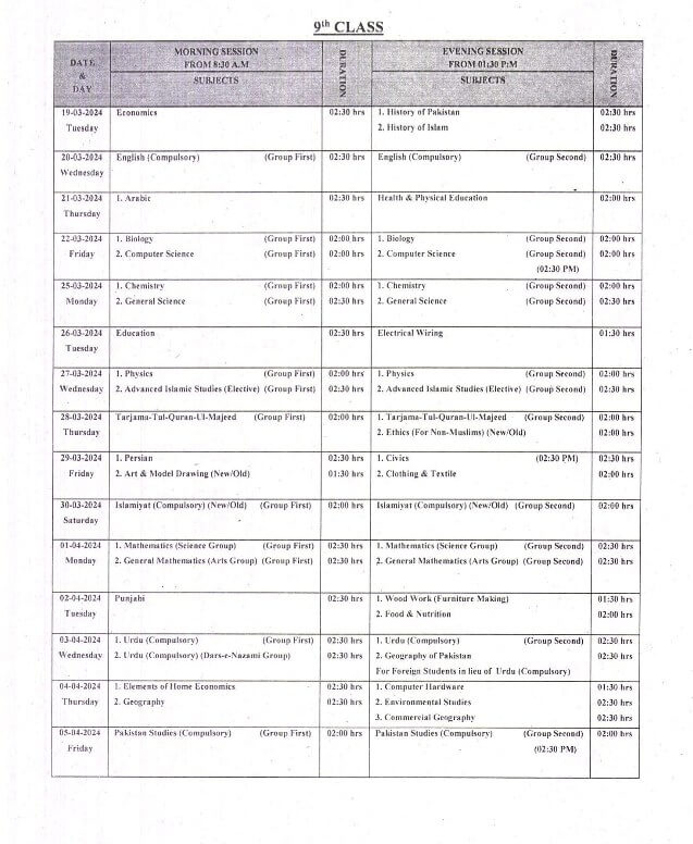 BISE Bahawalpur 9th Class Date sheet 2024