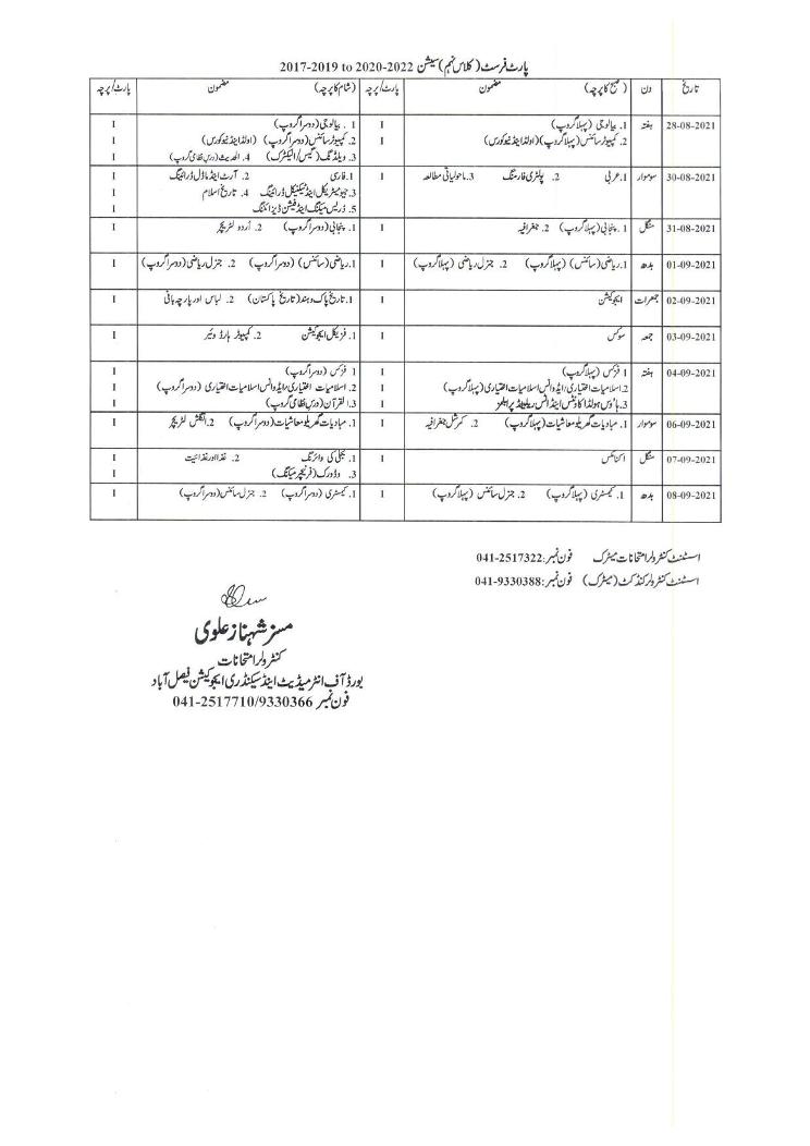 BISE Sahiwal board 9th date sheet 2021