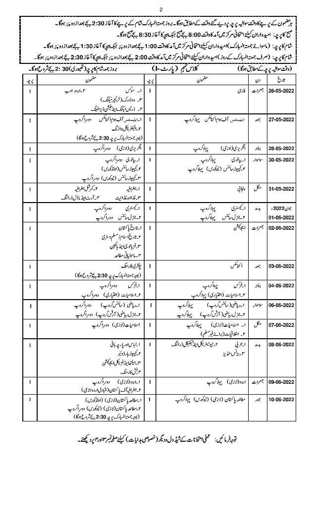 BISE Gujranwala Matric 9th Class date sheet 2022