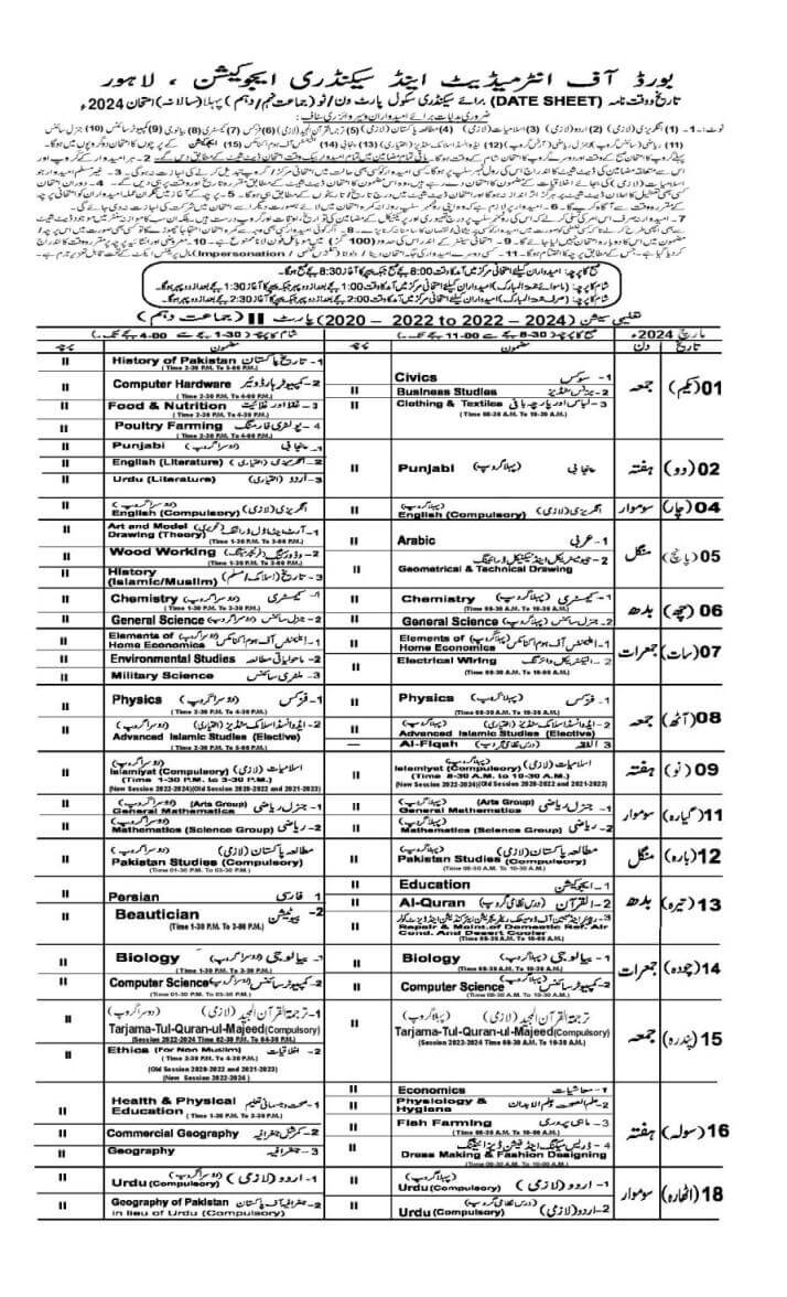 10th Date Sheet 2025 BISE Lahore Board