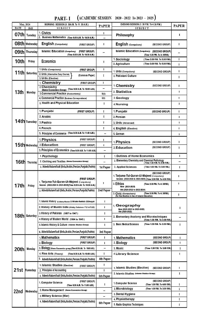 BISE Lahore Board 1st year date sheet 2024