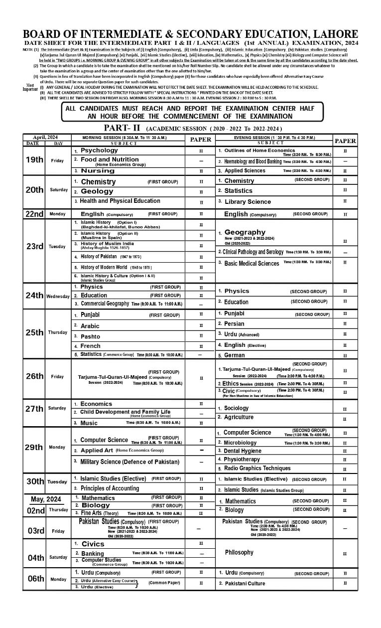BISE Lahore Board Inter 2nd year Date sheet 2024