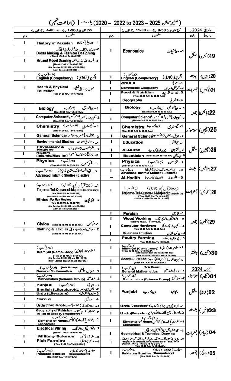 BISE Lahore Board Announces 9th Class Date Sheet 2024