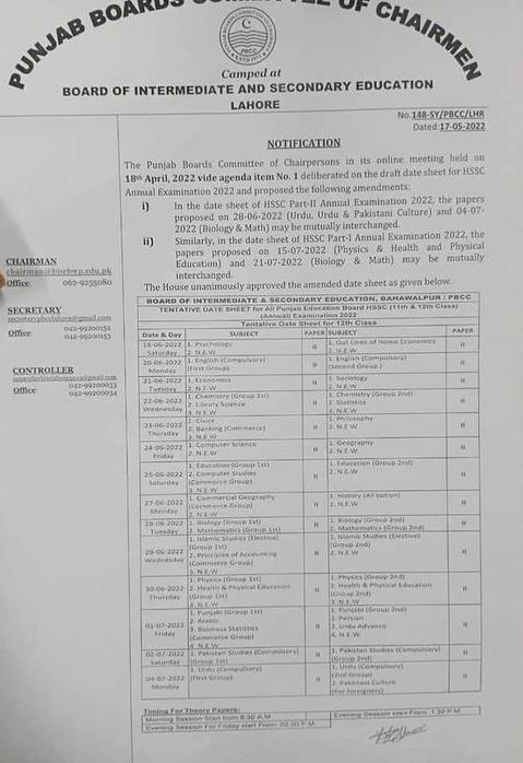 BISE Lahore Board Inter 2nd year Date sheet 2022