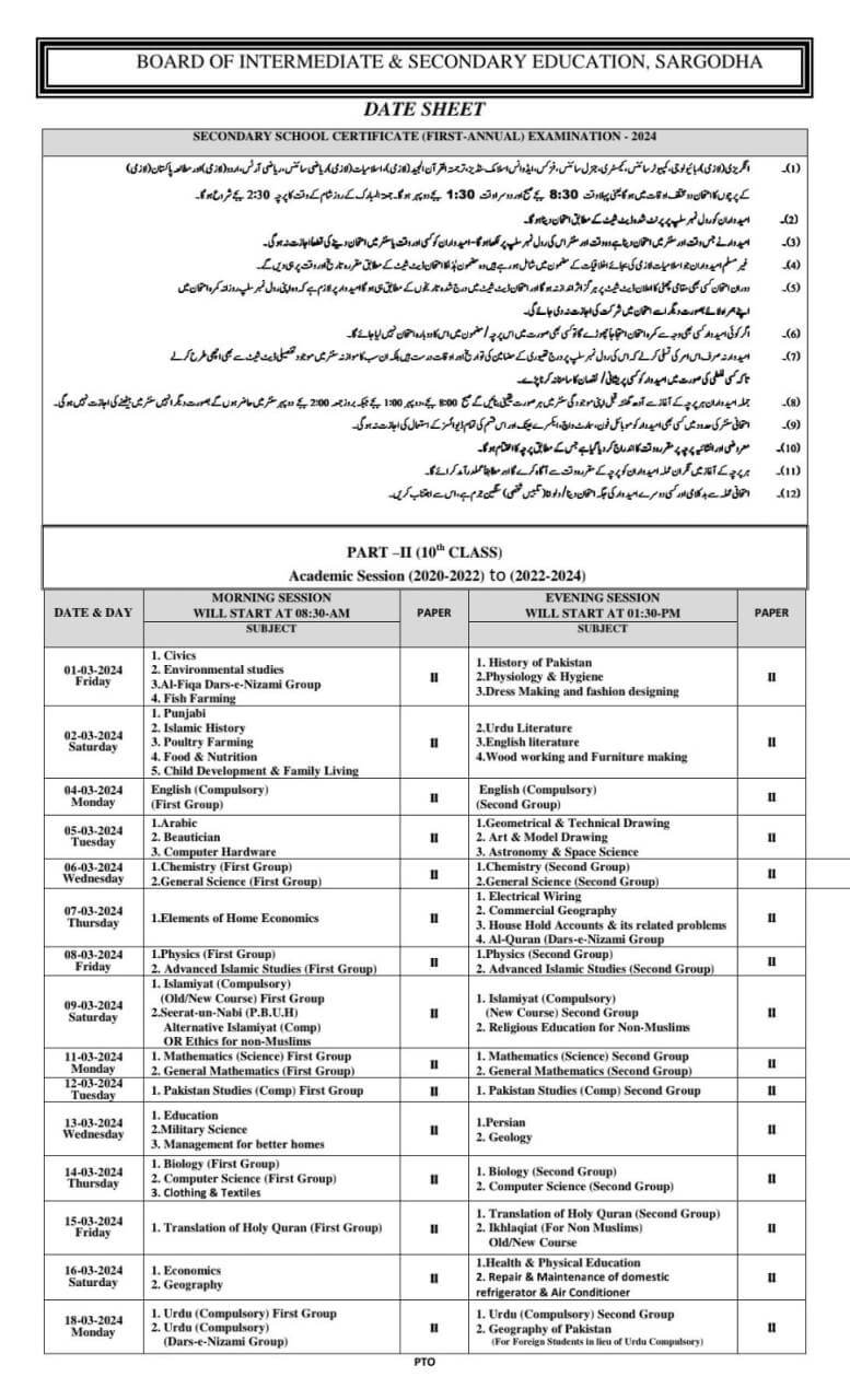 10th Matric Date Sheet 2025 BISE Sargodha