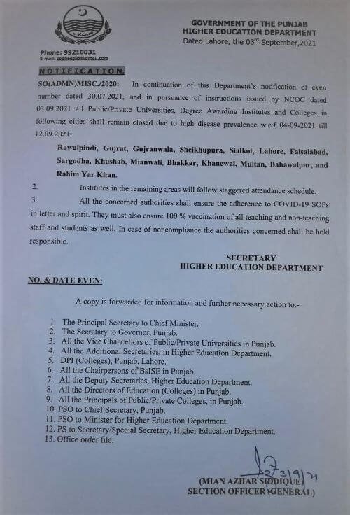 Universities and Colleges closed in 15 districts of Punjab