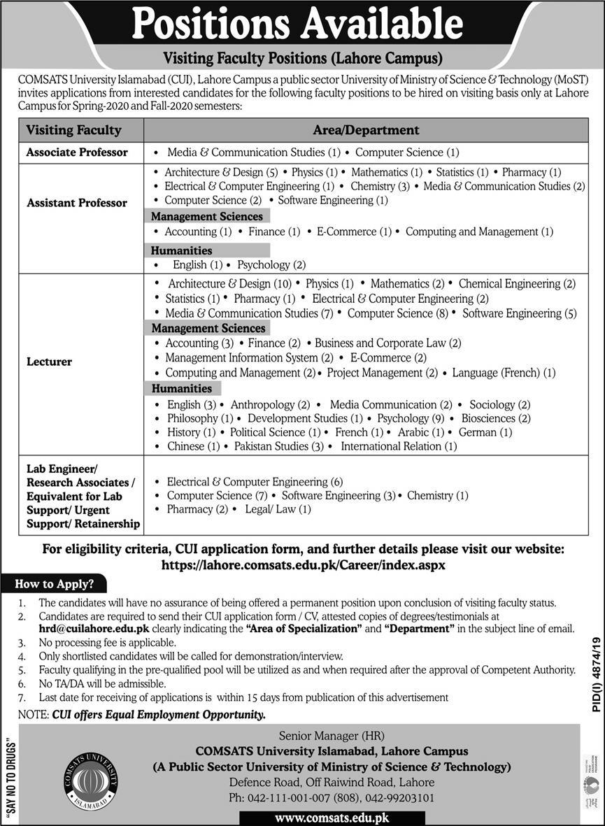 COMSATS University Lahore visiting faculty teaching Jobs 2020