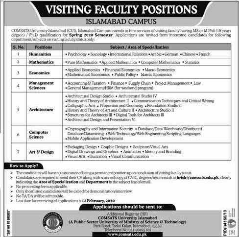 COMSATS Visiting Faculty Teaching Jobs 2020