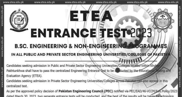 UET Peshawar announces schedule for ETEA Entry Test 2023