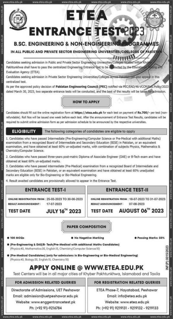 UET Peshawar announces schedule for ETEA Entry Test 2023