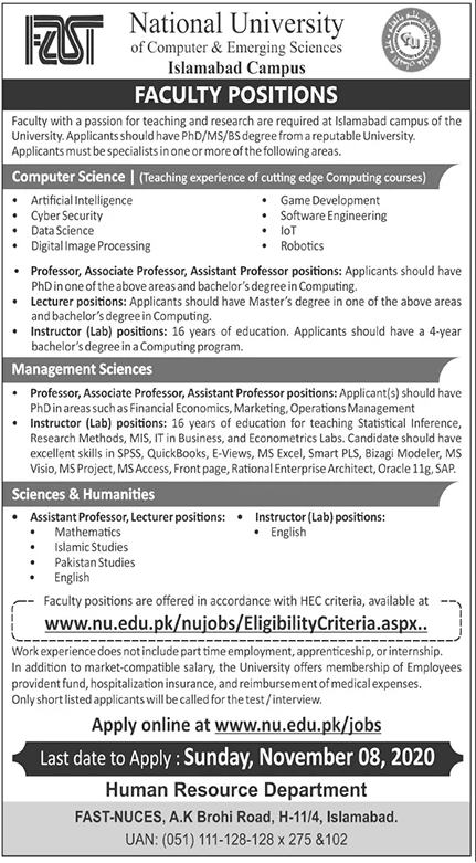 FAST National University Islamabad Faculty Jobs 2020