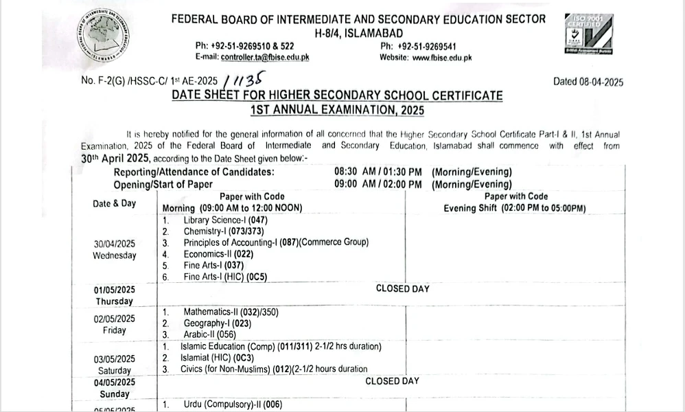 FBISE Announces 2nd Year Date Sheet 2025 Download Full HSSC Part-II Schedule