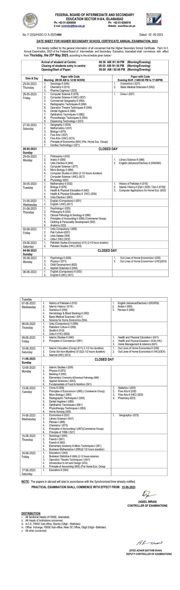 FBISE announces Inter 1st year and 2nd year Date sheet 2023