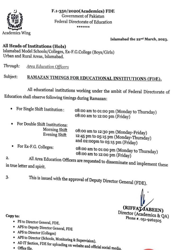 FDE announces Ramadan School Timings