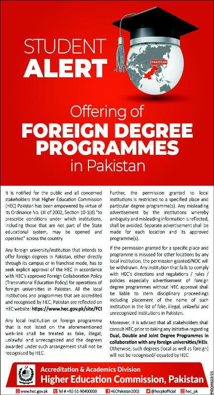 HEC issues students alert for foreign degree programs in Pakistan