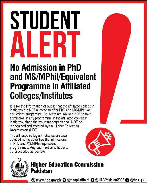 HEC ban MS MPhil and PhD programs in affiliated Colleges