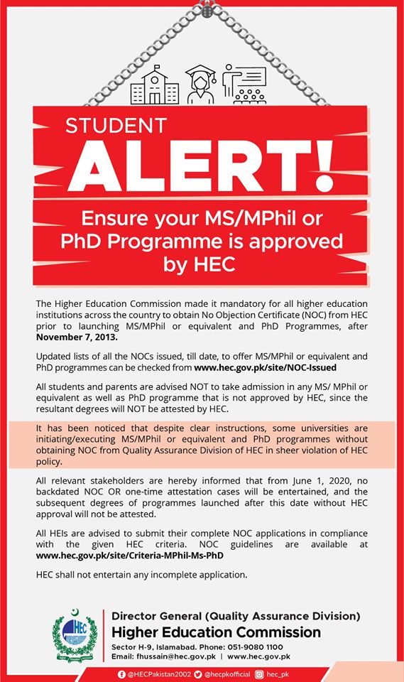HEC warns students not to seek admission in non-recognized MS MPhil PhD programs