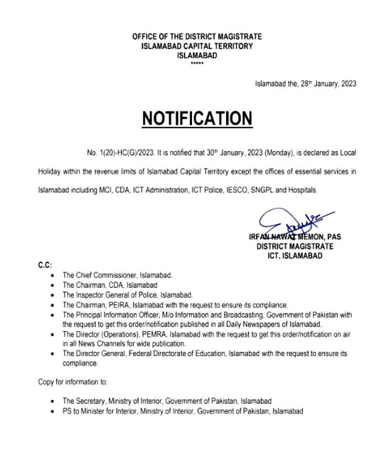 Educational institutions and offices to remain closed on Jan 30
