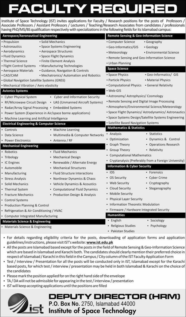 Institute of Space Technology IST Teaching Jobs 2020