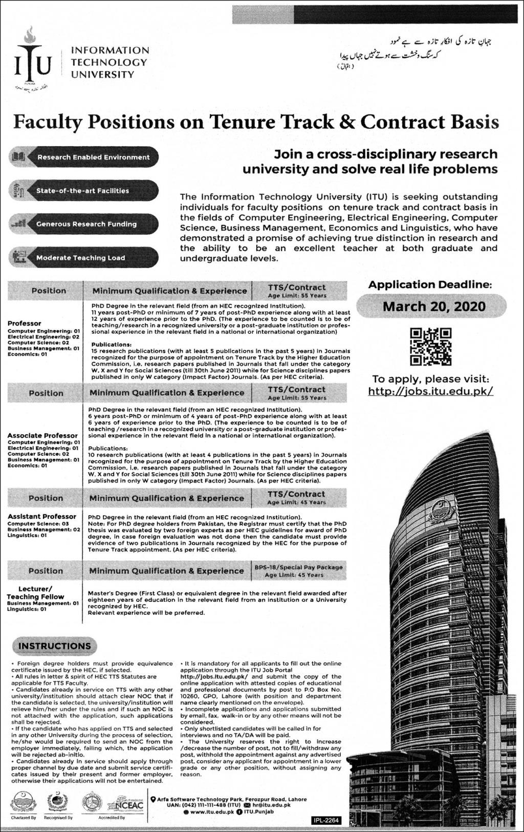 Information Technology University ITU Teaching Jobs 2020