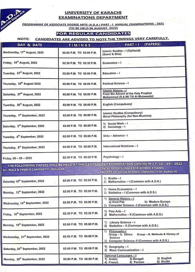 University of Karachi UOK BA Associate Degree ADA Date sheet 2022