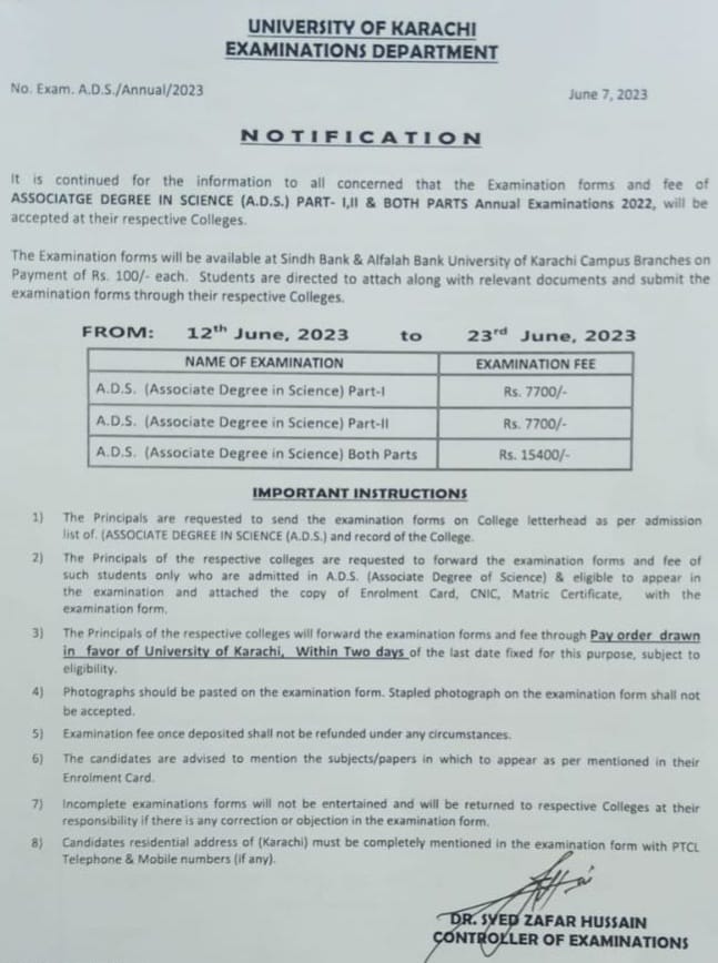 Karachi University announces ADS Exam Form Schedule 2023