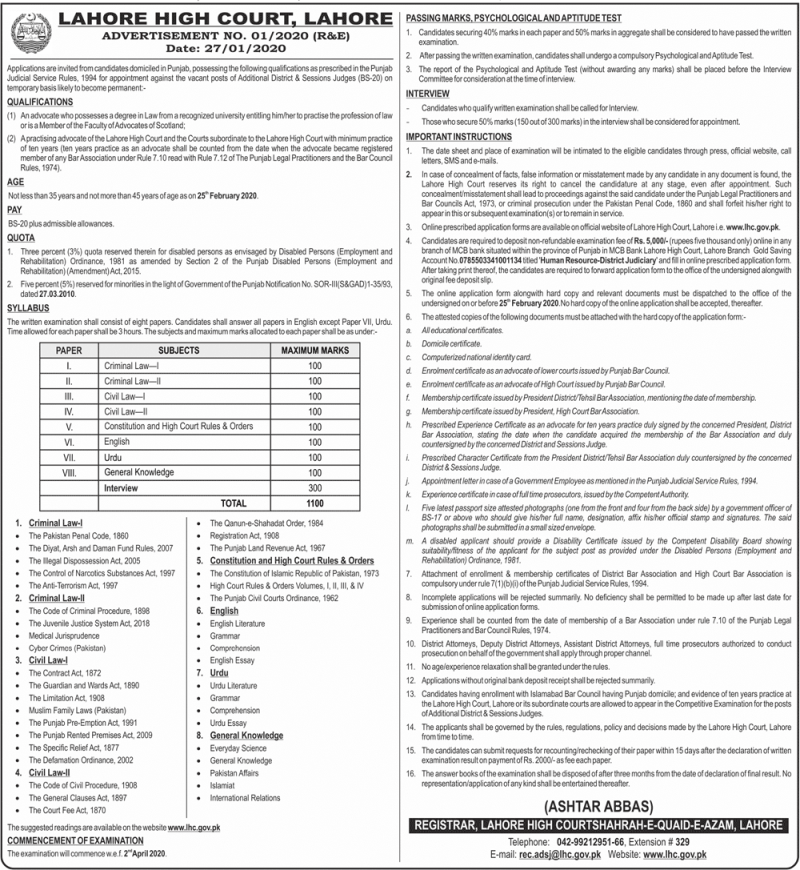 Lahore High Court District and session Judges jobs 2020