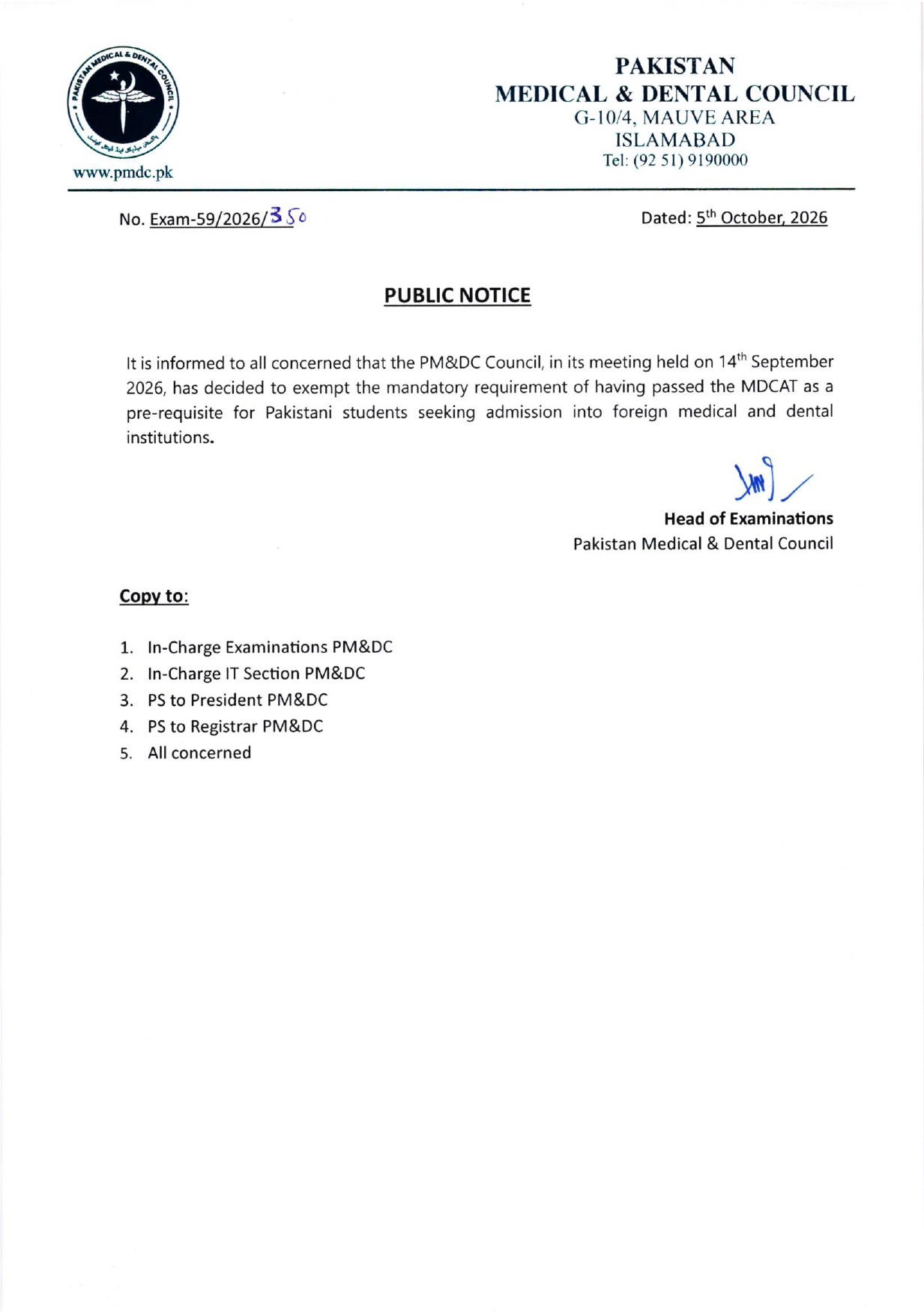 PMDC Exempts Pakistani Students Going Abroad from MDCAT Requirement