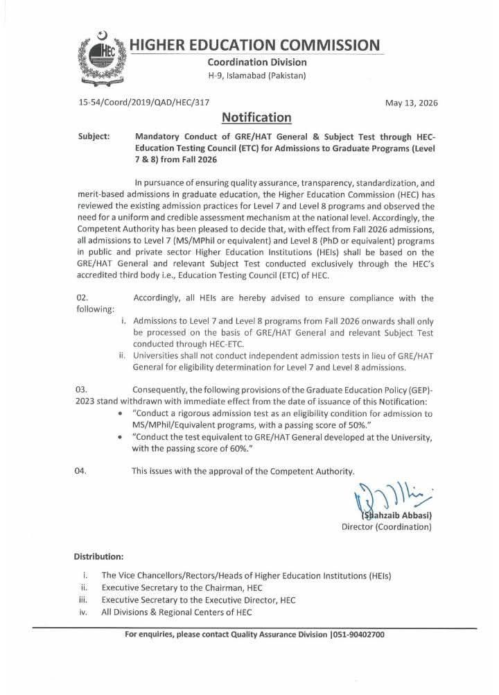 HEC Makes GRE/HAT Mandatory for MS and PhD Admissions Across Pakistan