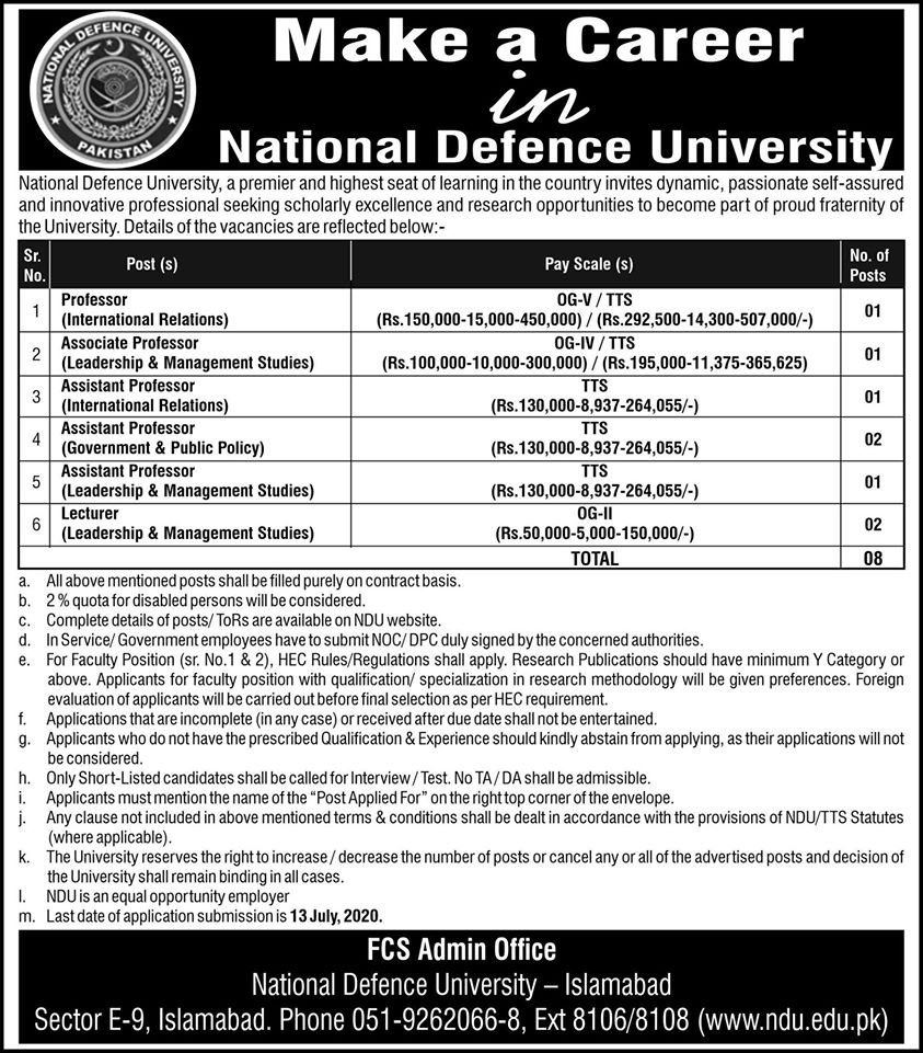 National Defence University NDU Teaching jobs 2020