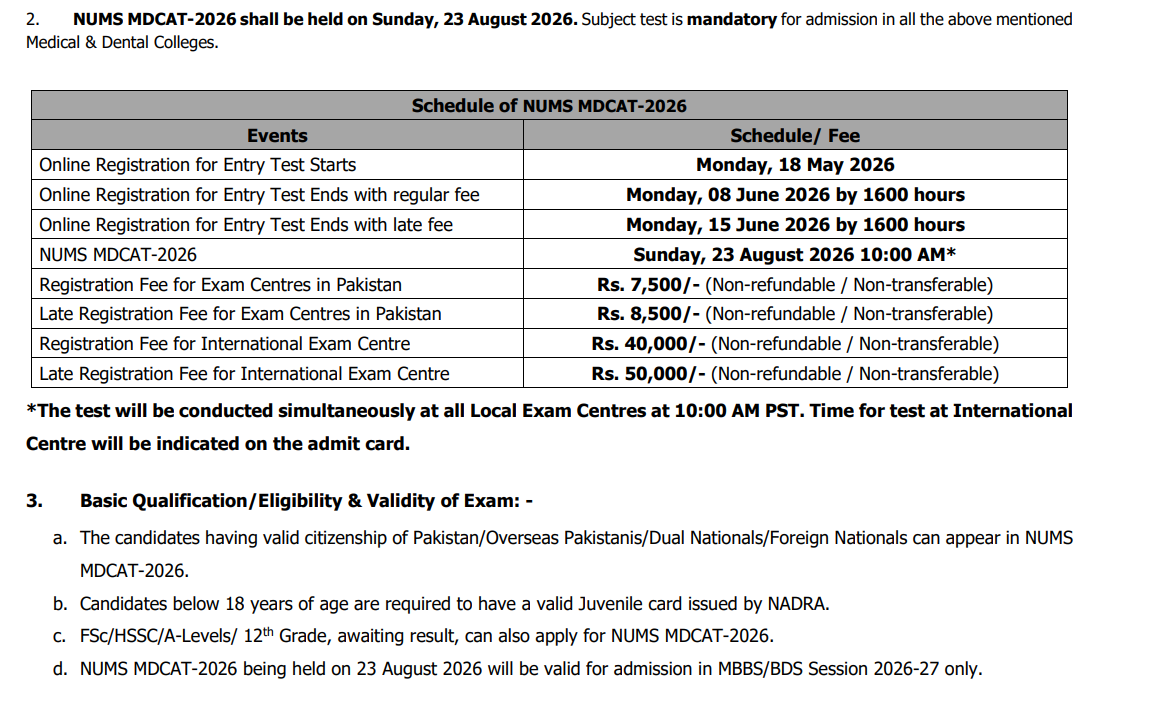 NUMS MDCAT 2026 Registration Announced