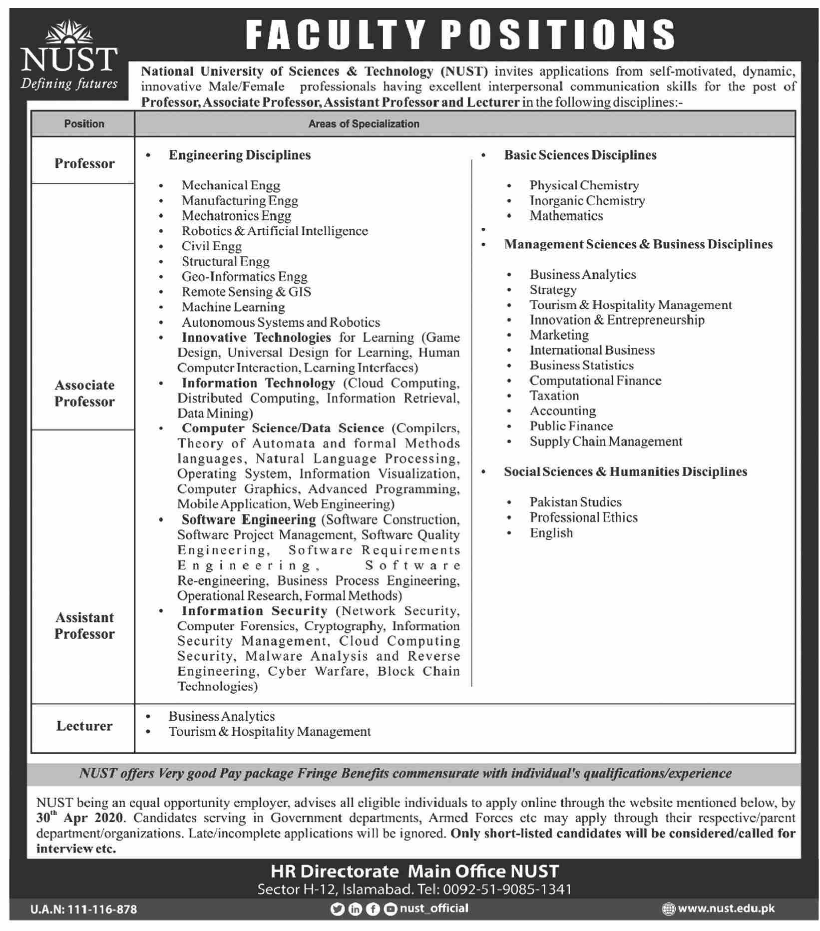 NUST announces Teaching jobs 2020