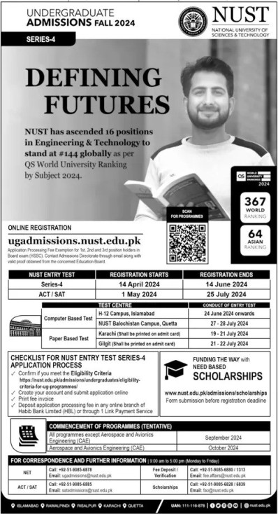 NUST NET-4 Schedule for undergraduate Admission 2024