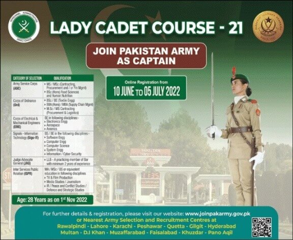 Join Pakistan Army as Captain through Lady Cadet Course 2022