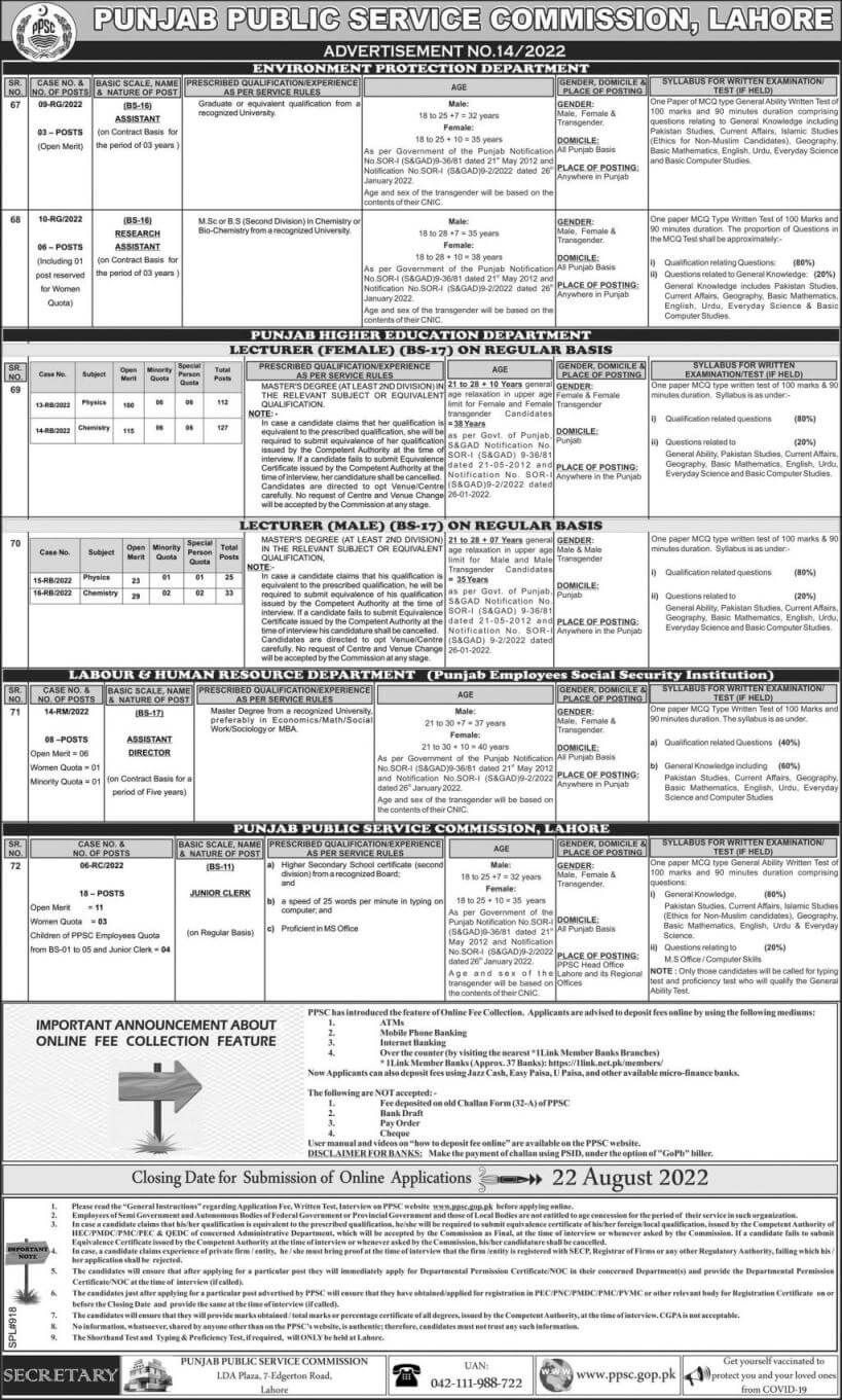 PPSC announces Lecturers Jobs 2022