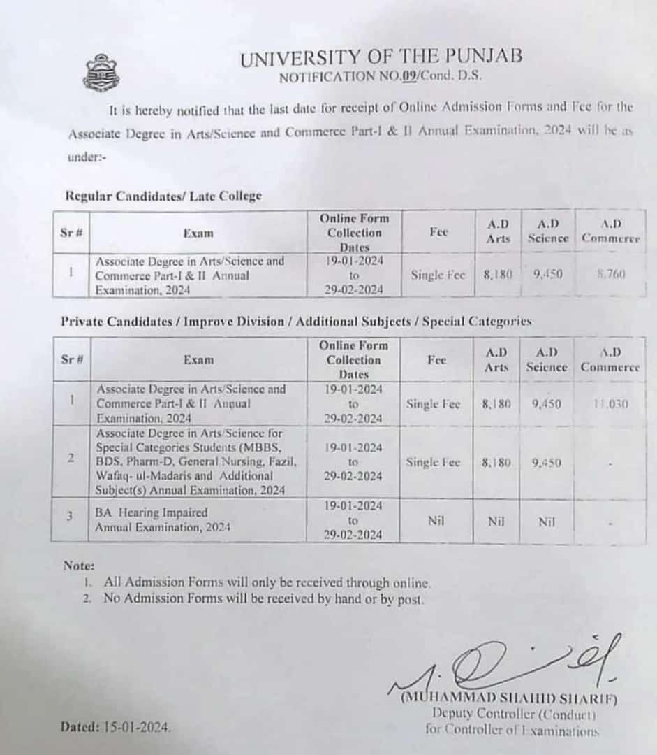 PU Announces Online Admission Form Schedule for BA BSc ADP Exams 2024