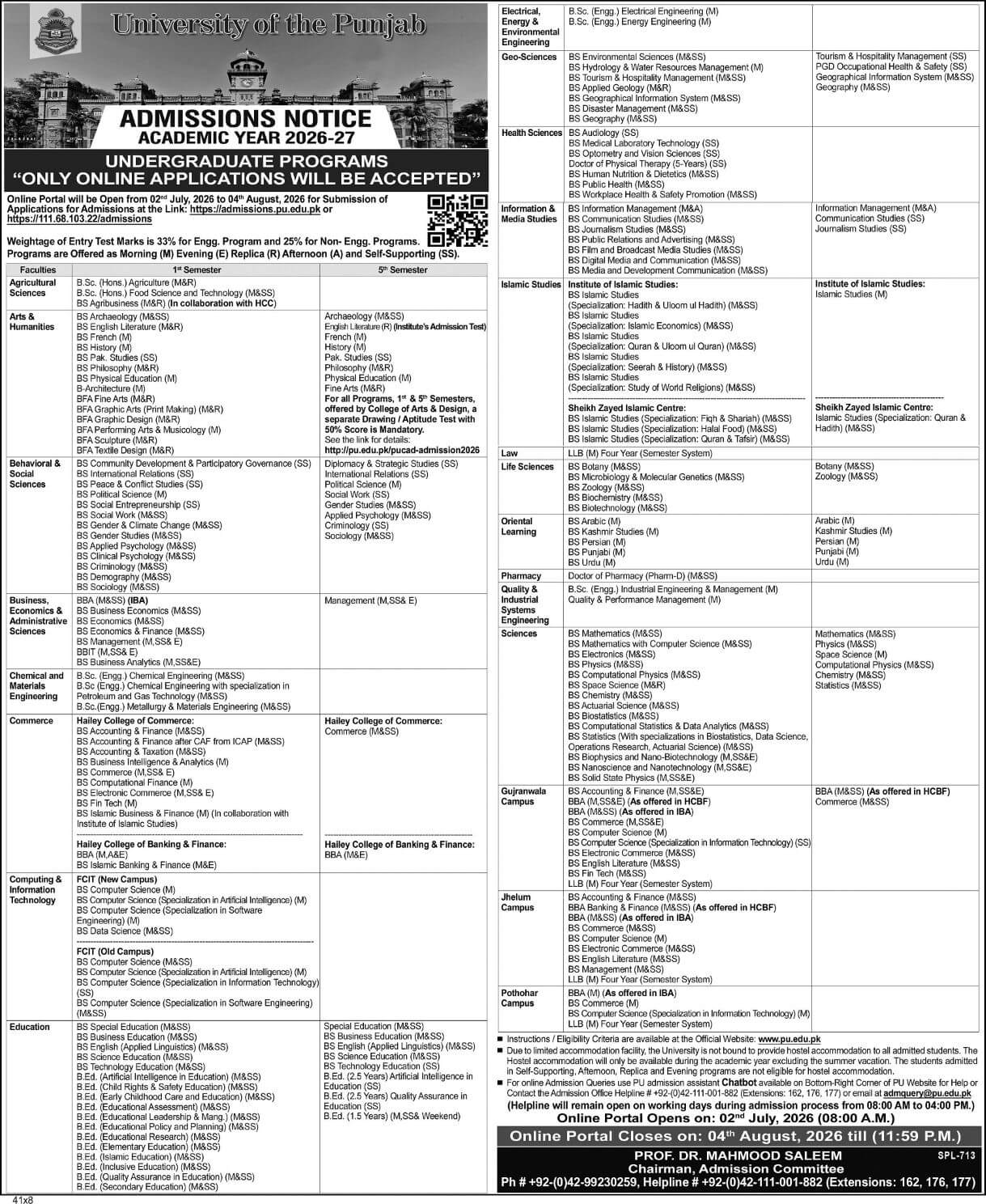 University of the Punjab Announces Undergraduate Admissions 2026-27: Apply Online