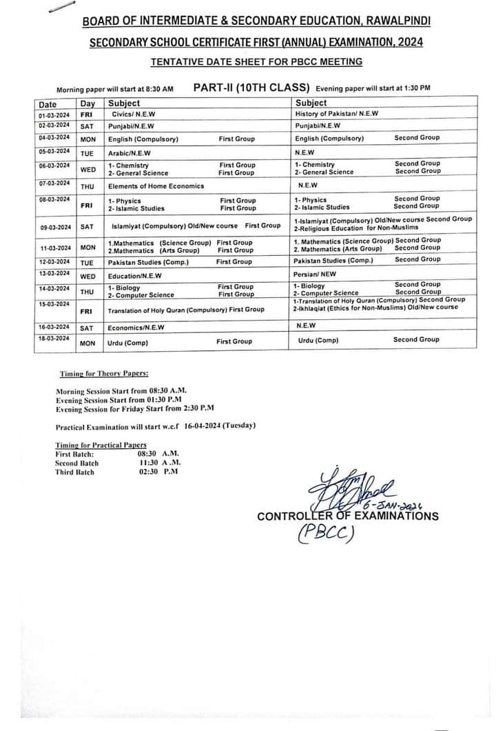 Punjab Board Matric Tentative 10th Date Sheet 2024