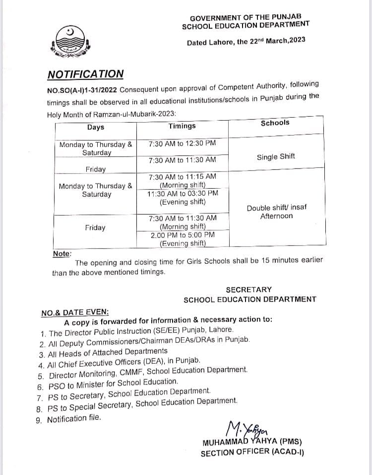 Punjab Announces School Timings for Ramzan