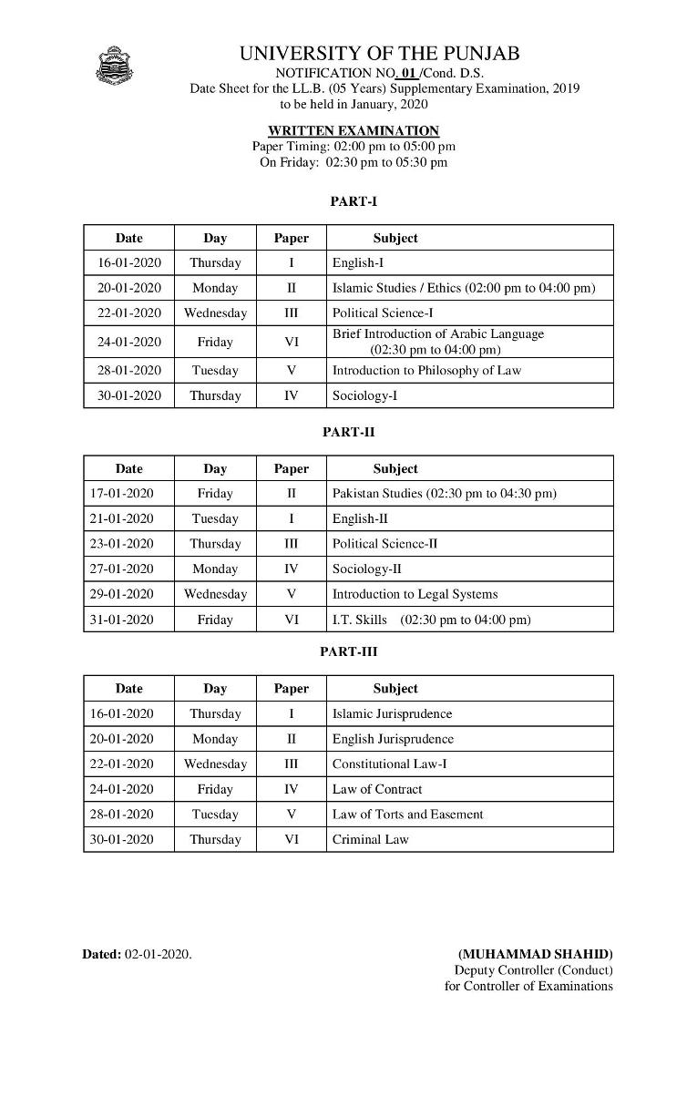 Punjab University PU LLB Supply date sheet 2019