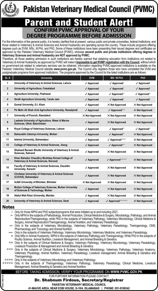 PVMC issues list of Recognized DVM Universities