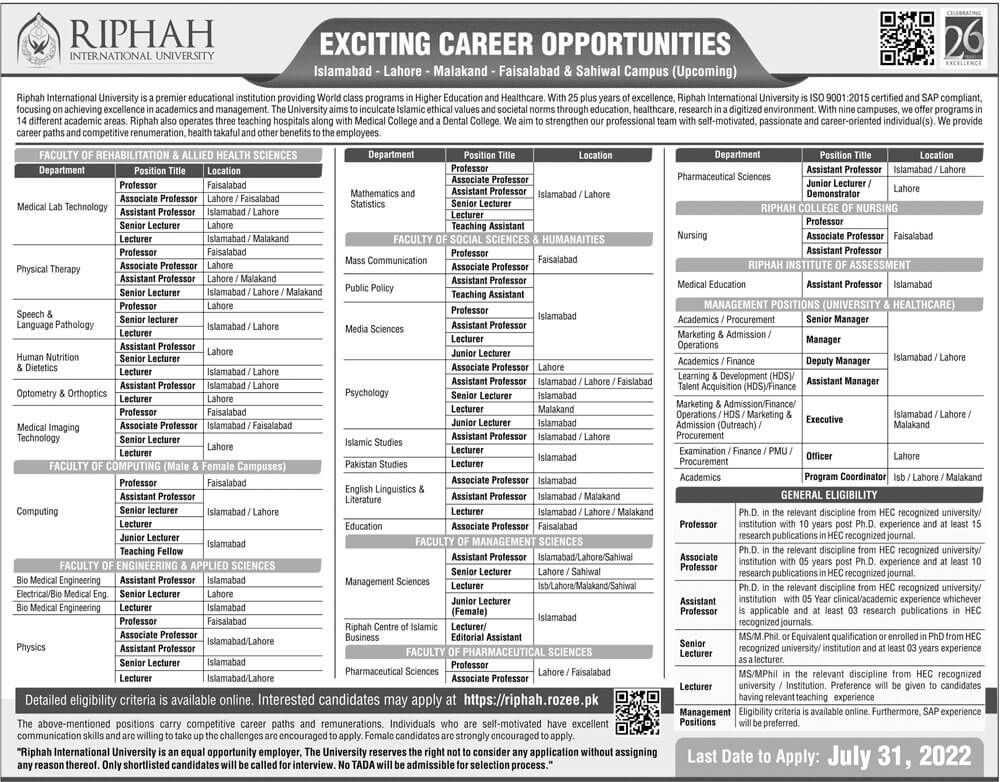 Riphah International University Islamabad jobs,  Professor, Associate Professor, Assistant Professor, Lecturers,University,