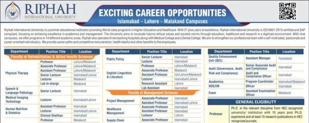 Riphah International University announces Teaching jobs 2024