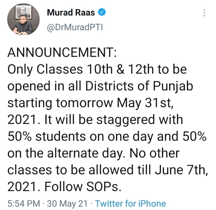 Schools and colleges to be reopened tomorrow in Punjab: Murad Raas
