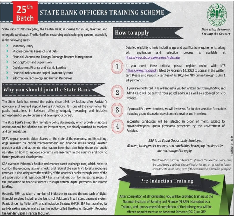Sate Bank of Pakistan jobs through Officers training scheme 2022