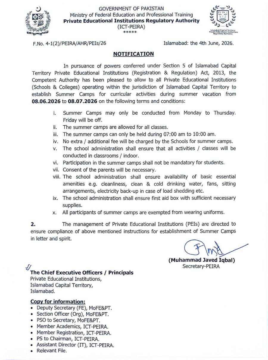 PEIRA Allows Summer Camps in Islamabad Schools During Summer Vacations 2026